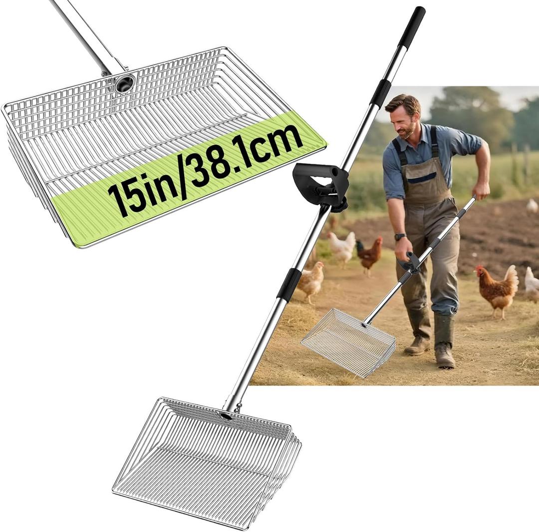 15-inch Metal Extra Large Chicken Poop Scooper, Heavy Duty Chicken Coop Scoop with 36" to 61" Adjustable Stainless Steel Long Handle, Litter Sifting Shovel for Chicken Coop Cleaning