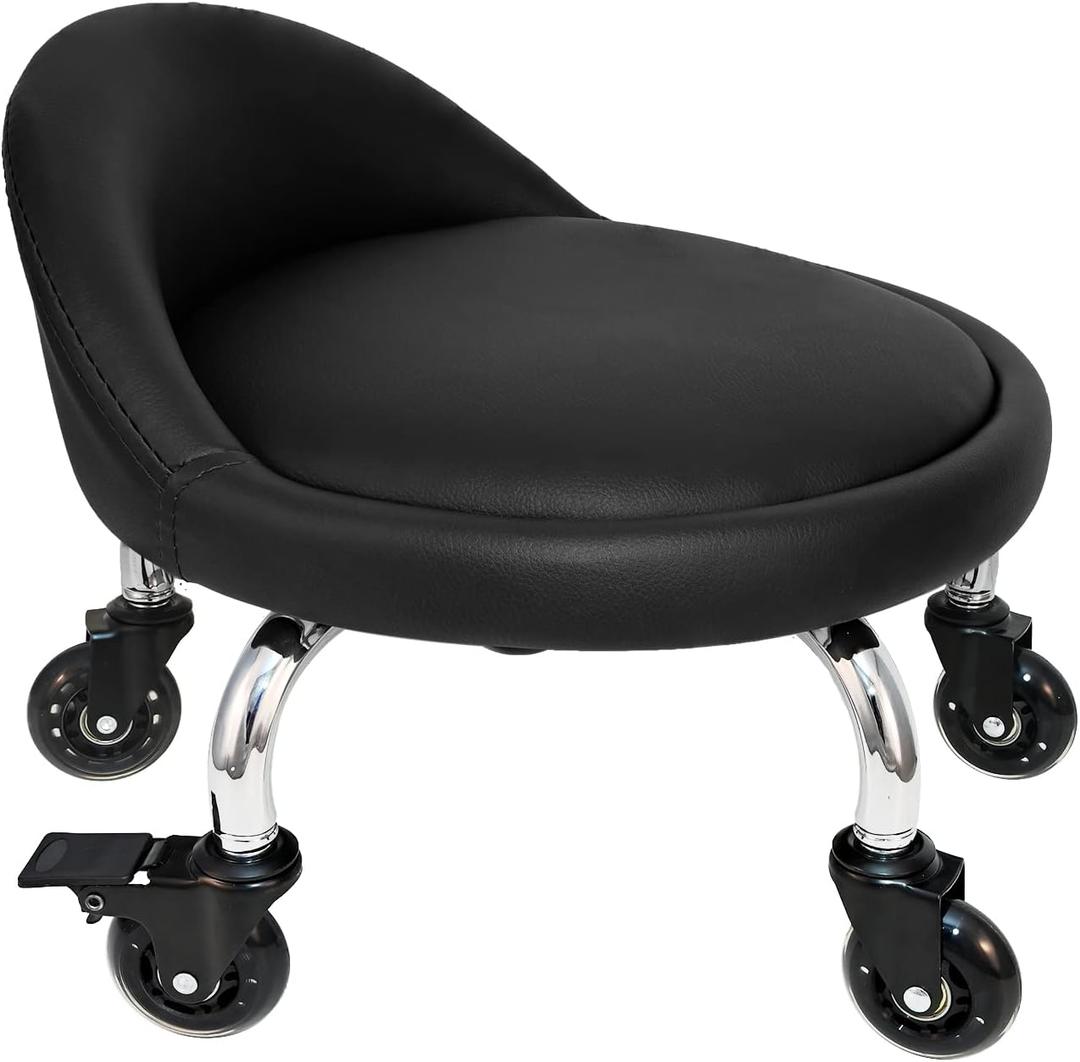 Rolling Stool with Backrest 450 Lbs High Weight Capacity PU Leather Roller Seat and Heavy-Duty Crystal Universal Wheels for Men Women Boy Girl Furniture Gift, Home Office Black, Sitting height 9.34 inches