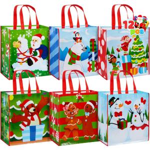 JOYIN 12 Christmas Extra-Large Gift Bags 13.75"x8"x14", Reusable Non-Woven Tote Bag With Handles for Xmas Wrapping Holiday Party Favors, Grocery Shopping (Light Blue + Green)