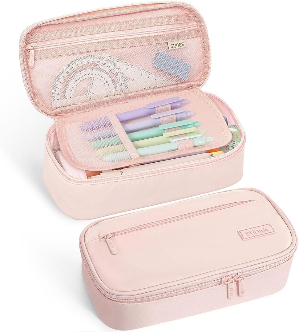 SUNEE Cute Pencil Case, Large Capacity Pencil Pouch, Big Storage Organizer for Stationery, Zipper Pen Bag,Back to School Supplies,Office Water-Repellent Nylon Pencil Bag for Teen Girls Boys,Light Pink