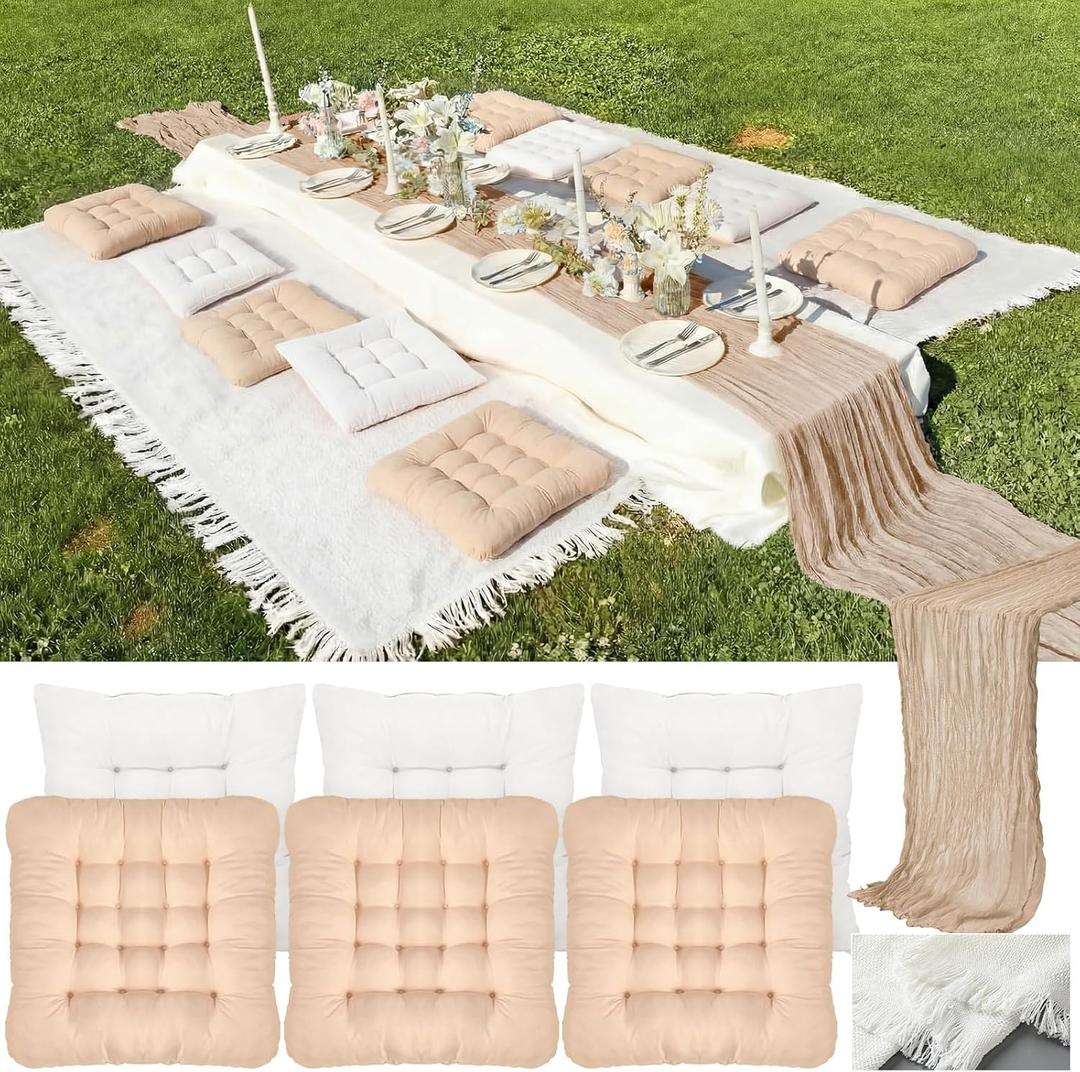 Extra Large Outdoor Picnic Blanket with Table Runner and Floor Pillow Cushion for Picnic Wedding Birthday Baby Shower Backyard Decor (91 x 71'',Brownish Beige,Light Camel, Light Beige,8 Pcs)