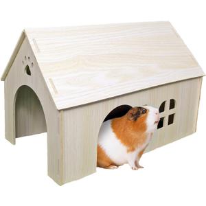 Amonk Guinea Pig Hideout 15x9x10 inch Large Size Wooden House with Window and Roof Wood Hut Habitats Decor for Bunny, Chinchillas, Dwarf Rabbits, Hamsters, and Other Small Pet Animals