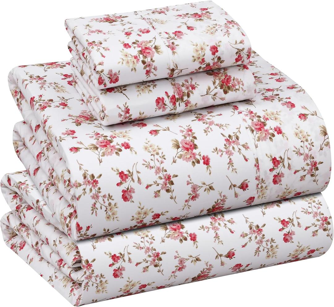 RUVANTI 100% Cotton Sheets King Size 4-Piece Set Percale Bedding, Cooling & Breathable Floral Design Bouquet, Durable with a Crisp, Soft & Comfortable Feel, 16" Deep Pocket