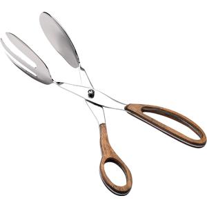Folkulture Salad Tongs for Cooking | 11.5" Heat Resistant Kitchen Tongs, Salad Server or Metal Serving Utensil | Stainless Steel Cooking Accessory for Home, Buffet & BBQ | Wooden