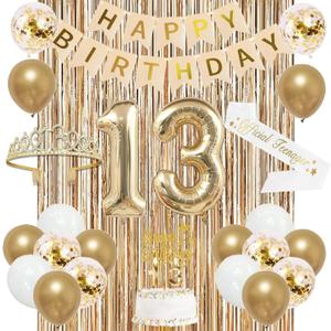 Trgowaul 13th Birthday Decorations for Girls, Banner, Sash and Crown, Cake Topper, 13 Number Balloon, Fringe Curtains, Champagne Gold 13 Birthday Party Supplies