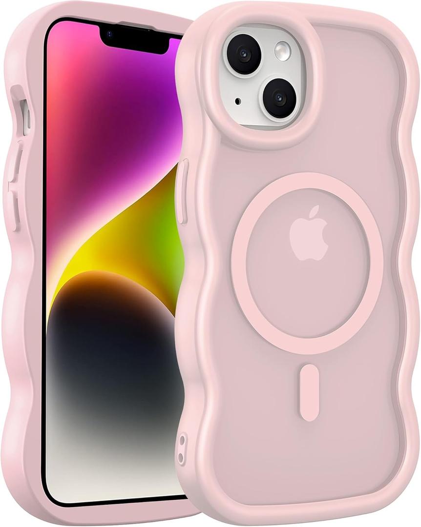 Cute Magnetic for iPhone 14 Case: [Curly Wave Edge] [Compatible with MagSafe] [Curly Wave Edge] [Translucent Matte] Shockproof Protective Phone Cover 6.1 Inch - Pink