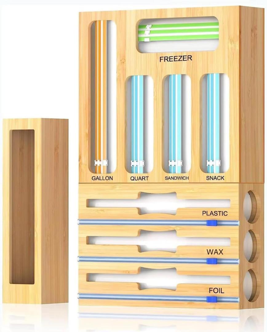 9 IN 1 Storage Bag Organizer for Kitchen Drawer, Bamboo Foil and Plastic Wrap with Cutter, Organizers Compatible Gallon, Quart, Sandwich Snack Size