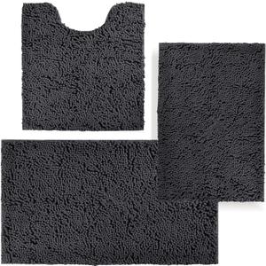 Bathroom Rugs Sets 3 Piece,Bath Mats for Bathroom Non Slip, Thick Chenille Bath Rug,Soft and Absorbent Shaggy Bathroom Mat Set Machine Wash & Quick Dry Durable Carpet for Bath, Kitchen,Dark Gray (16"x24"+20"x32"+U Shape 20"x20")