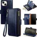 Antsturdy Compatible with iPhone 15 Wallet Case Card HolderRFID Blocking PU Leather Phone Case Women Men flip Protective Cover Wrist Strap Zipper Credit Card Slots,for Apple 15 6.1",Dark Blue