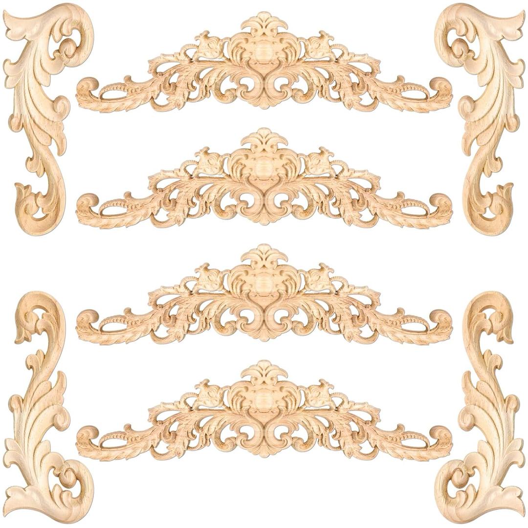 8 Pcs Wood Appliques Decorative and Onlays for Furniture Carved Onlays DIY Decorative Long Wood Carving Appliques for Door Decor, 2 Sizes
