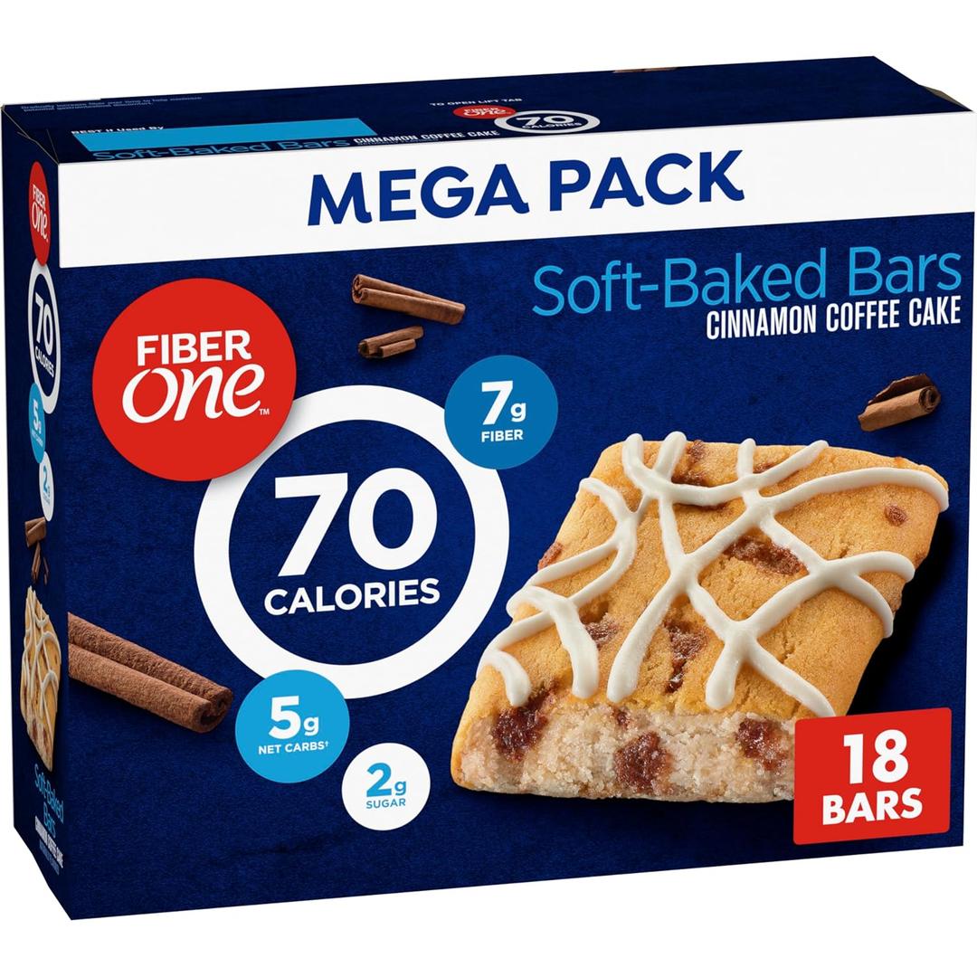 Fiber One 70 Calorie Soft Baked Bars, Cinnamon Coffee Cake, Mega Pack, 18 Ct, 16 oz (EXP 03/04/27)