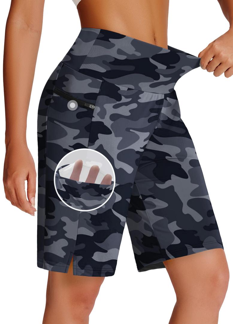 MIVEI Women's 7" Long Swim Board Shorts with Zipper Pockets High Waisted Quick Dry Beach Swimming Swim Suit Bottom with Liner Camo Grey