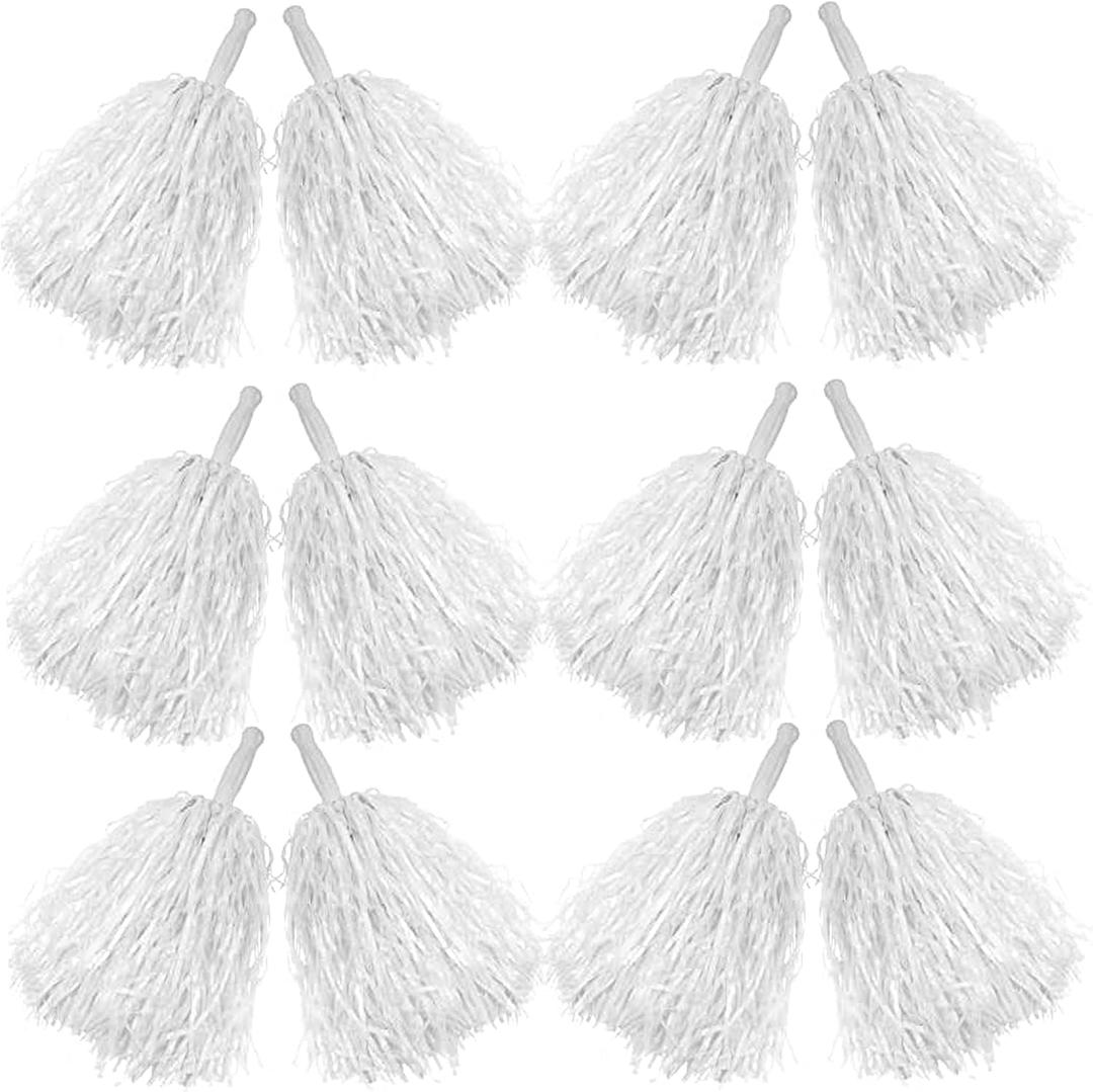 Comicfs 12 PCS Cheerleading Pom Poms Cheer Pom Poms Fun Pom Poms Cheerleading Poms with Plastic Handles for Cheering Squad Team Spirited Sports Dance Kids Girls (Soft Plastic- White)