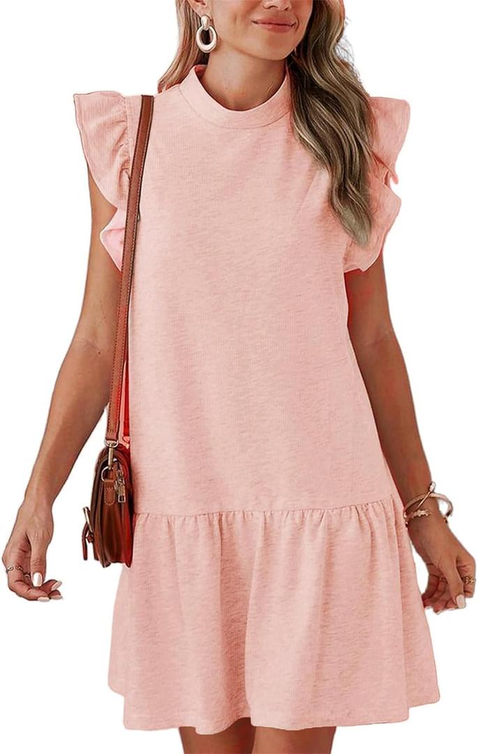 Womens Ruffle Sleeve Mini Dress Summer Casual Crewneck Flowy A Line Short Babydoll Dress with Tiered, XS