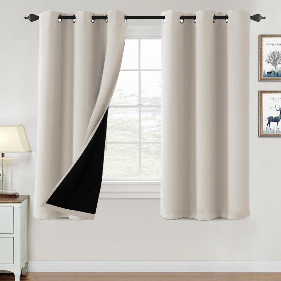 H.VERSAILTEX 100% Blackout Curtains for Bedroom Thermal Insulated Blackout Curtains Heat and Full Light Blocking Curtains for Living Room with Black Liner 2 Panels Set, 42 x 63 Inch, Fog