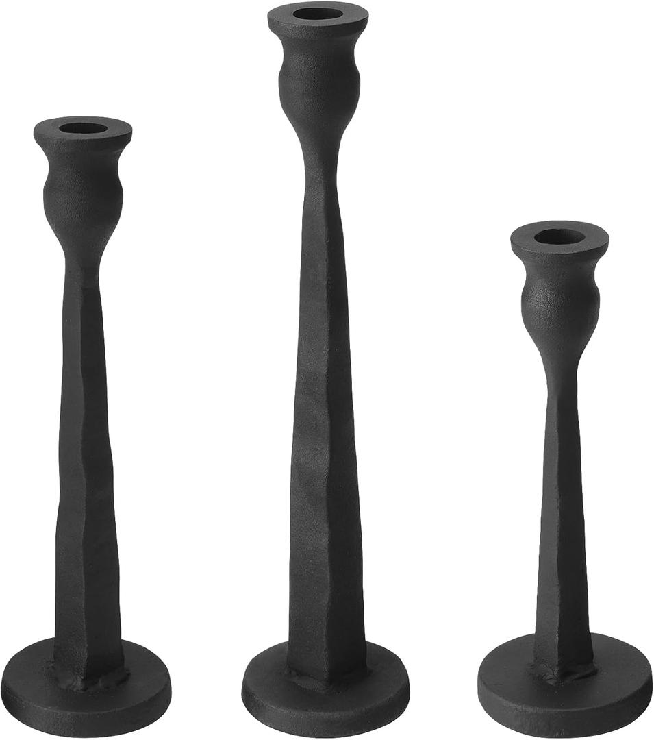 Heavy Duty Cast Iron Black Candlestick Holders Set of 3,Tall Taper Candle Holders,Table Vintage Decor Centerpiece Candle Holders for Fireplace Party Dining Home