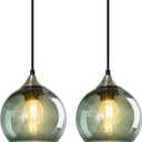 Gray Green Glass Pendant Lights Kitchen Island Lighting Globe Pendant Light Fixtures Modern Pendant Lighting for Kitchen Island Bedroom Living Dining Room Light Fixture(5.9in, 2-Pack)