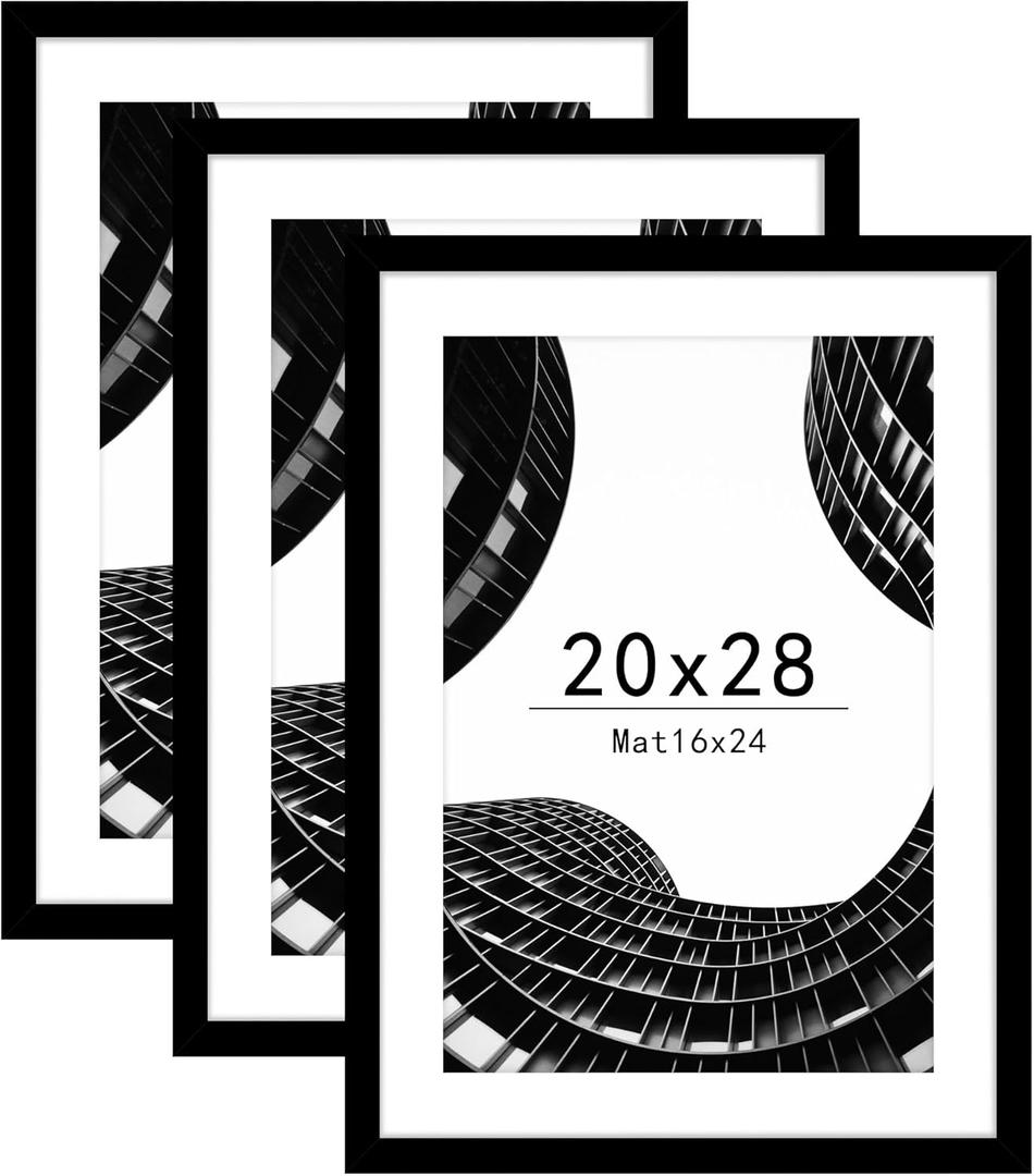 Abtgt 20x28 Picture Frame Set of 3, Display Pictures 16x24 with Mat or 20x28 Without Mat, Poster Frame for Wall Mounting Display, Black