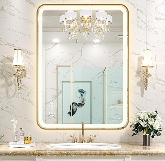 TheiaMo Rectangle LED Bathroom Mirror, 36"x28" AntiFog Double Touch Lighted Wall Vanity Mirror 45° Beveled Metal Frame Stepless Adjustable Color Temperature Smart Mirror 3000K6000K, Gold