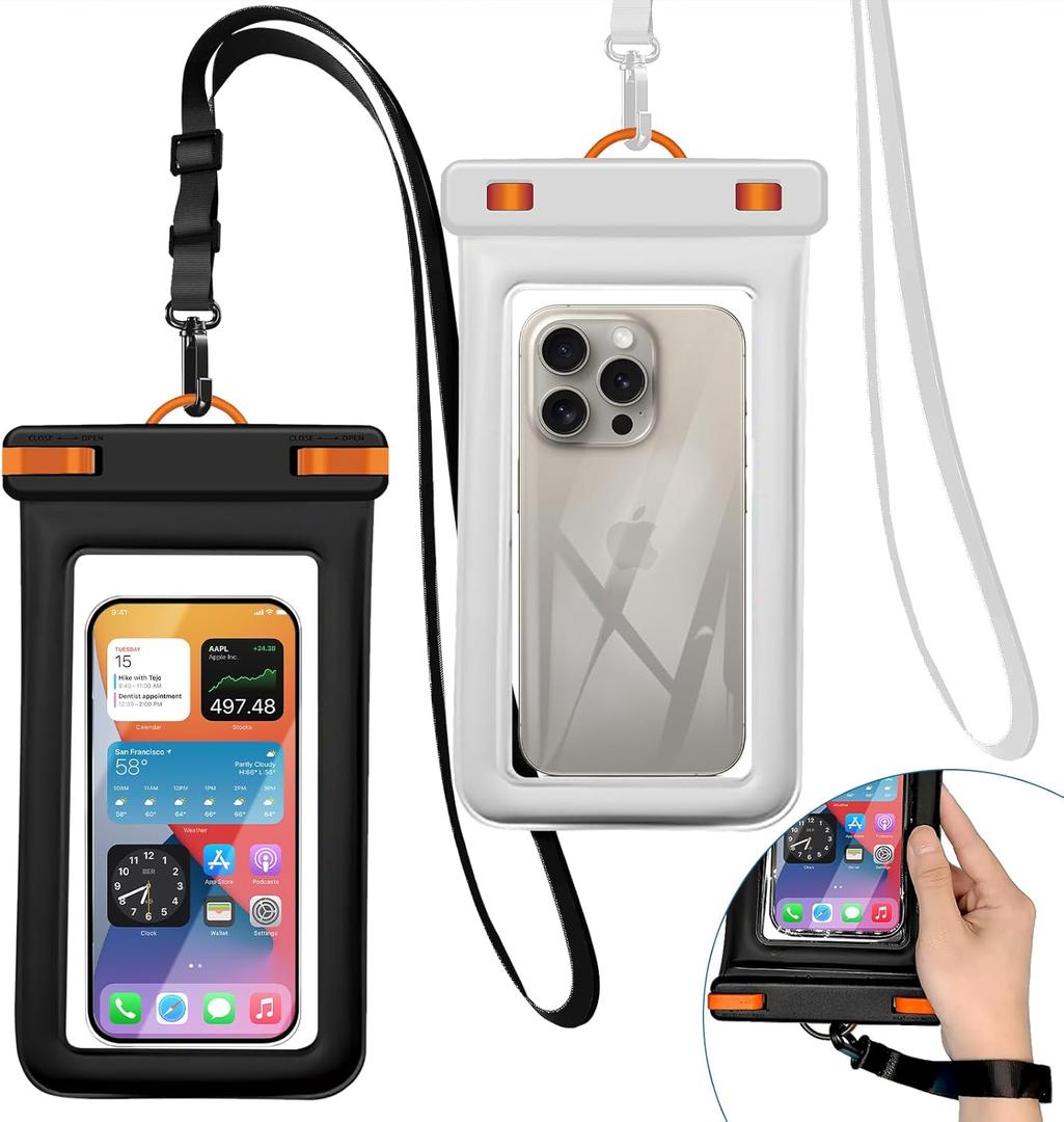 IPX8 Floating Waterproof Dry Bag 2-Pack ,7.2 Inch Waterproof Phone Pouch for iPhone 16/15/14 Pro Max Galaxy S24/S23 Adjustable Lanyard + wrist strap Beach Swimming Travel Essentials (black+white+ Orange)