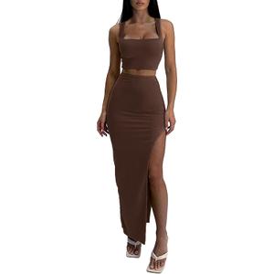ELLEVEN Two Piece Maxi Skirt Sets for Women, Square Neck Tank Tops with High Side Slit Dress Sets Summer Outfits (Small, Brown)