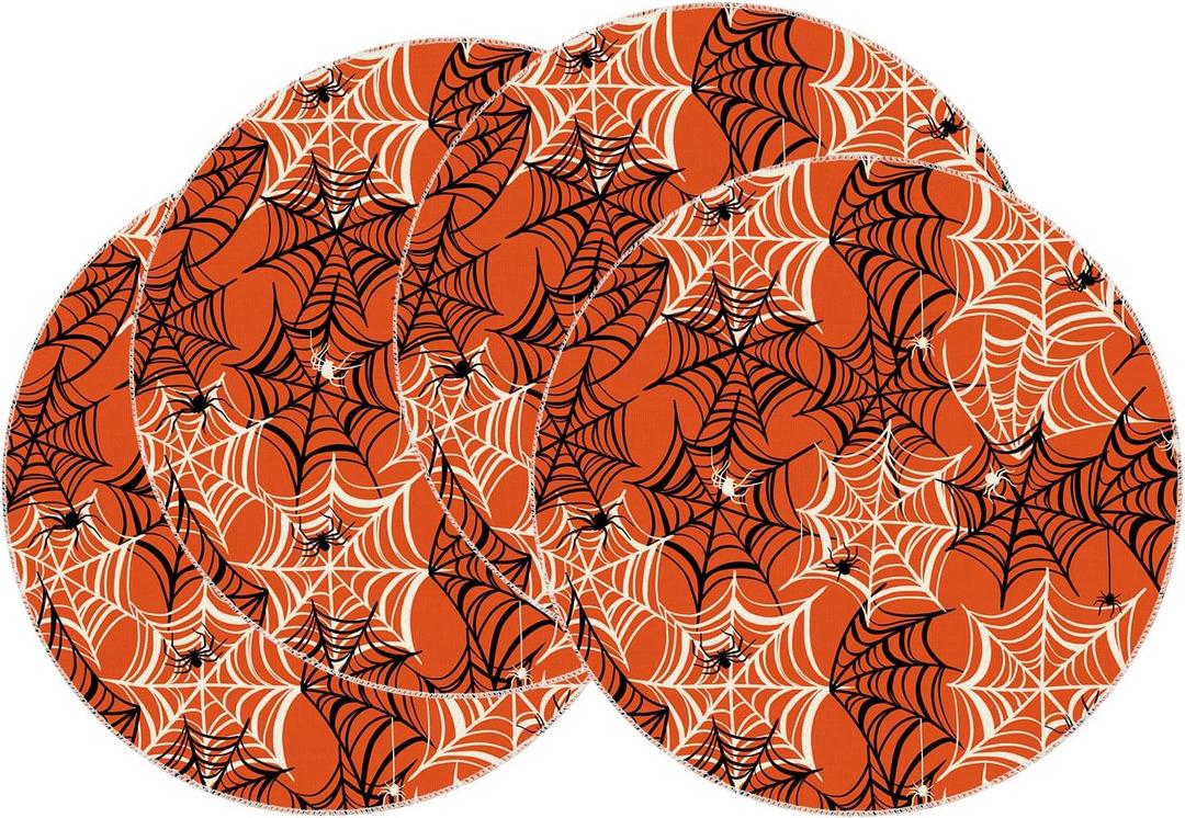 XCHI Spooky Orange and Black Spider Web Halloween Round Placemats Set of 4 Table Mats for Party Home Kitchen Dining Table Decorations 14x14 Inch