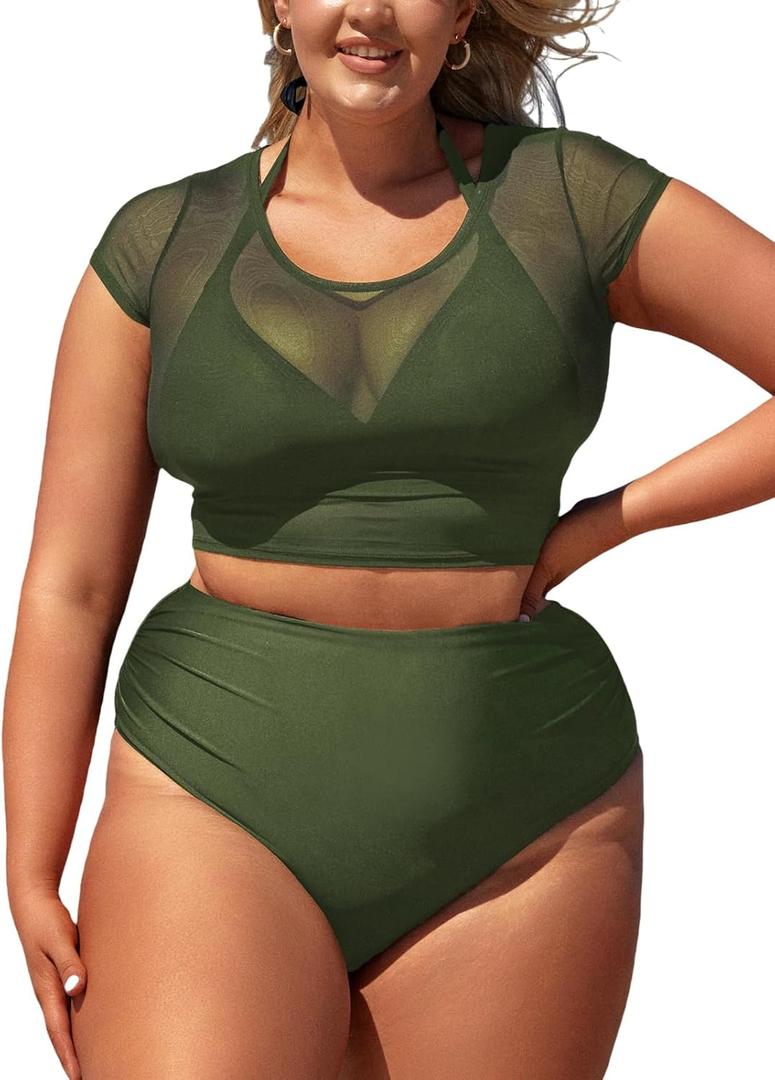 CUPSHE Women Swimsuit Plus Size Bikini Set Three Piece High Waisted Sheer Mesh Top Halter Ruched Bottom (Forest Green) XXL