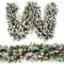 Christmas Garland Flocked 9ft with 50 Lights, Christmas Decor with Pine Cone Red Balls & Berries 50 Light Timer for Mantle Staircase Indoor and Outdoor