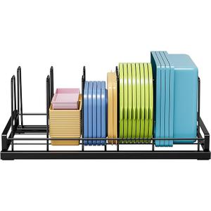 Food Container Lid Organizer, Adjustable 6 Dividers Full-Metal Pot and Pan Organizer Rack for Kitchen Cabinets, Drawers, Cupboards, Pantry Shelves Storage, Black