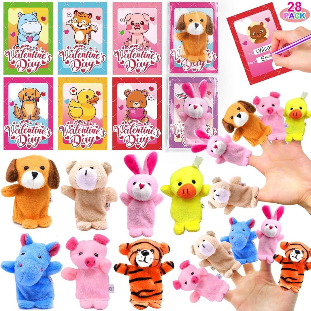 AMENON 28 Pack Valentines Day Gifts for Kids with Animal Finger Puppet Plush Toy (7 designs) Valentines Cards for Kids Boys Girls School Valentine Classroom Exchange Gift Prize Party Favor Game