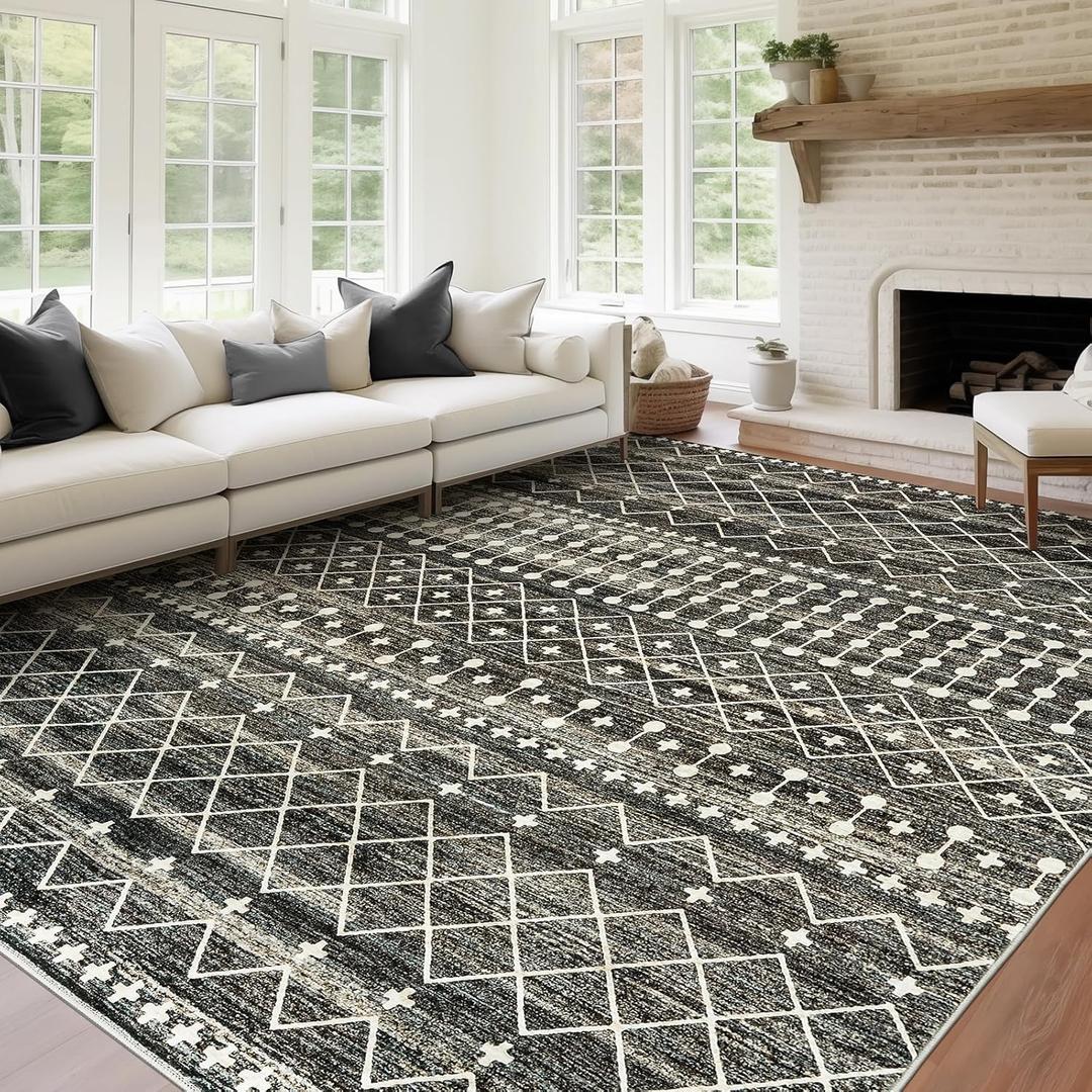8x10 Area Rug for Living Room Moroccan Washable Rugs Non Slip Indoor Floor Carpet Foldable Large Soft Area Rug for Dining Room Bedroom with Low Pile(Black,8'x10')