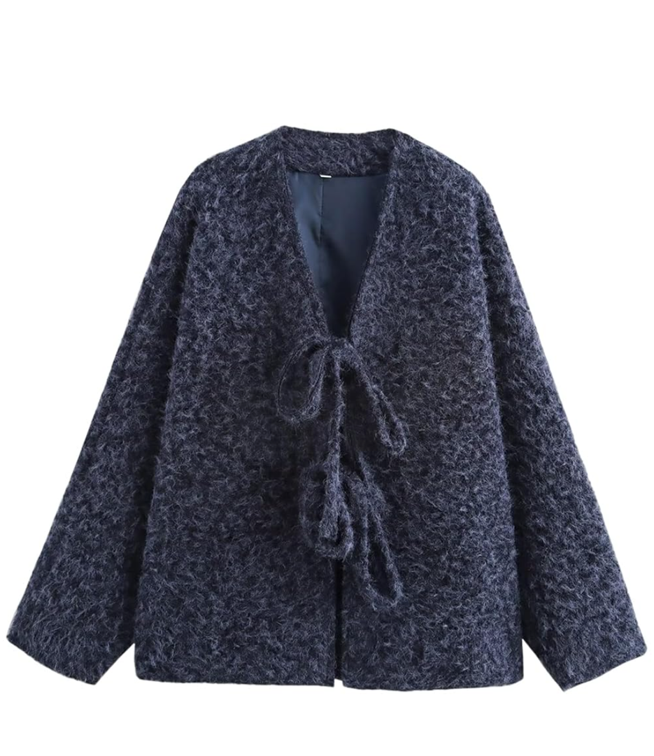 Yimoon Womens Tie Front Fuzzy Jacket Oversized V Neck Bow Fluffy Warm Coat 2024 Fall Loose Long Sleeve Outerwear Large