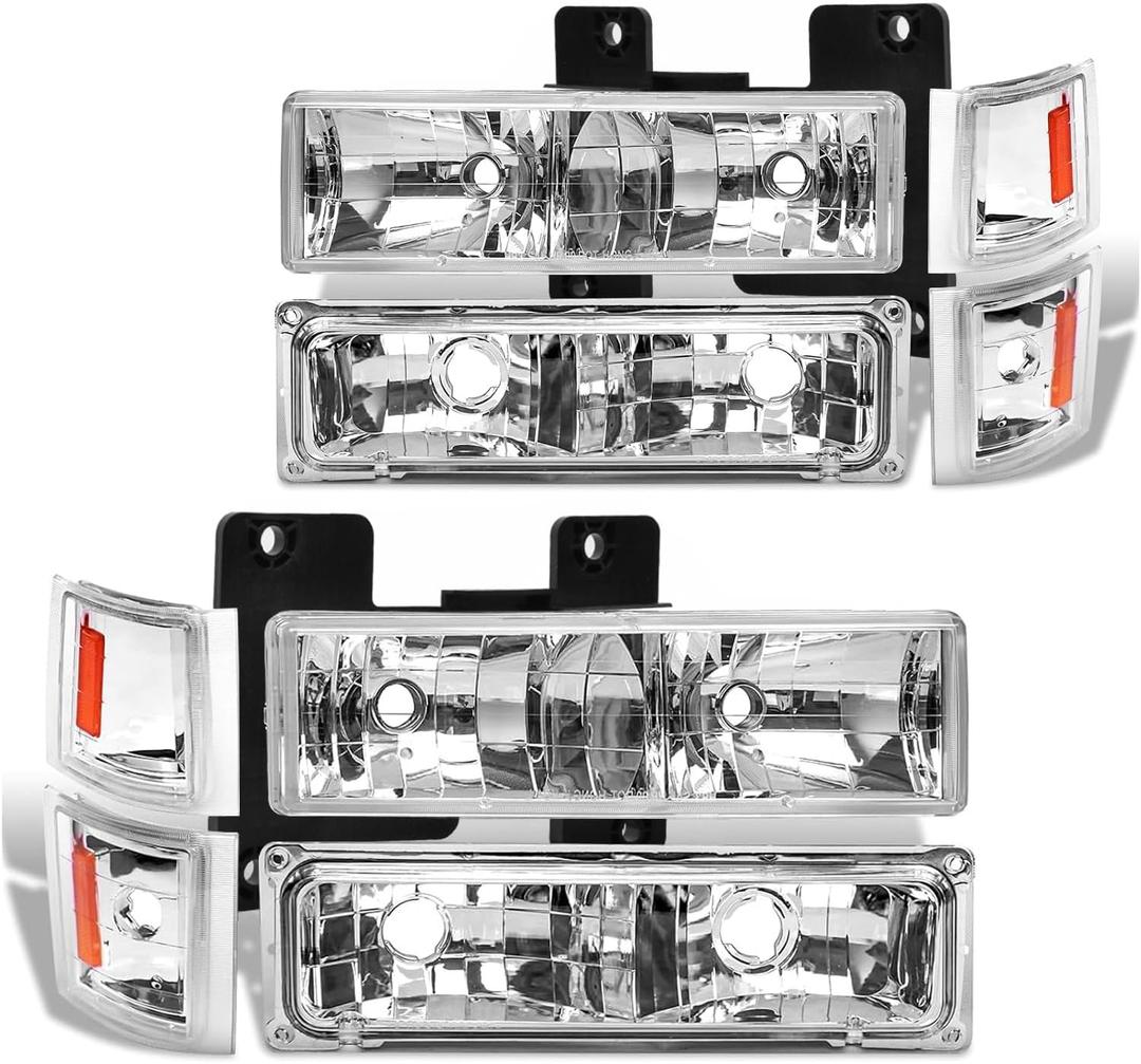 Headlight Assembly Compatible with 1994 1995 1996 1997 1998 Chevy Silverado Tahoe Suburban C10 C/K 1500 2500 3500 Halogen Headlamp, Chrome Housing Amber Reflector