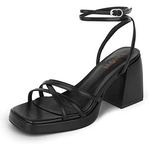 ISNOM Platform Heels for Women Comfortable Strappy Heels Short Block Chunky Sandals Ankle Strap Simple Summer Heeled Sandals Square Open Toe Wedding Work Party Dressy Prom Not For Wide Feet Size 6