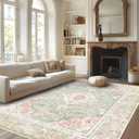 Vhong Washable Area Rugs Boho Vintage Modern Neutral Large Carpet Green and Pink High Traffic Rugs 69 for Dinning Room Living Room Bedroom Farmhouse Non Slip