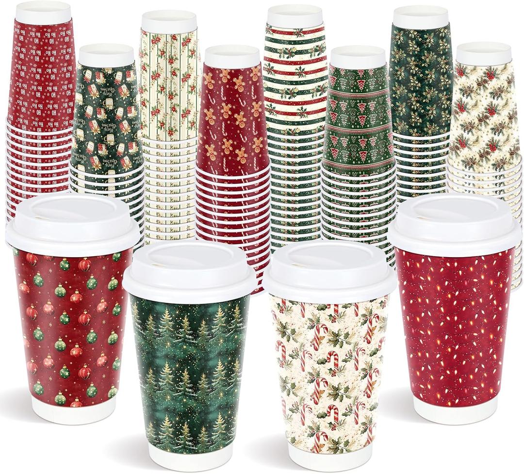 48 Sets 16 oz Classic Christmas Disposable Paper Cups with Lids for Drinking Hot Cocoa Coffee Tea Beverage Double-Wall Insulated Design Merry Christmas Winter Home Office Party Supplies