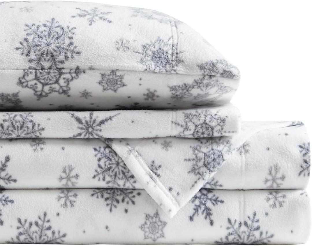 True North by Sleep Philosophy Soft & Cozy Micro Fleece Sheet Set, Fitted Sheets Deep Elastic Pocket Fits Up to 16" Mattress, Warm Winter Bedding, Fleece Bed Set King Snowflake Boho 4 Piece