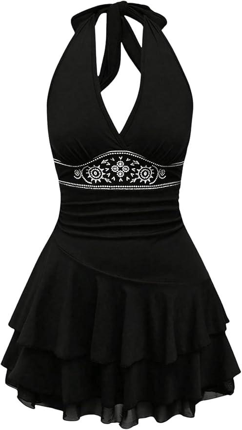 SOLY HUX Women's Summer Halter Backless Mini Dress Flowy Sleeveless V Neck Tie Back A Line Western Casual Sun Dresses, Size XL