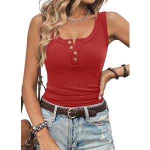 ATHMILE Women Tank Tops Summer Casual Ribbed Sleeveless Basic Cami Top Slim Henley Button Down Blouses Beach Large