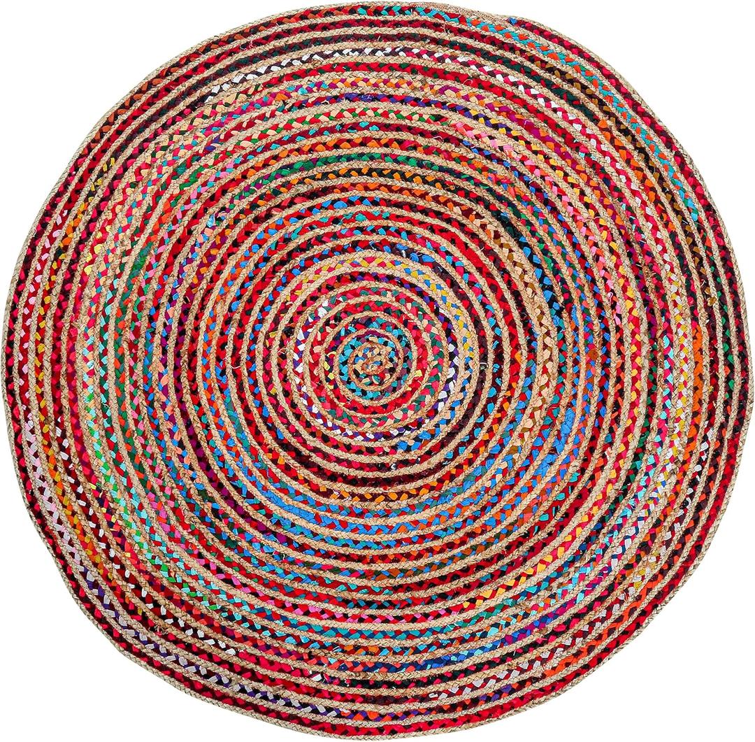6' Round Handwoven Jute Chindi Area Rug - Boho Rugs for Living Room - Hand Braided Multicolor Round Rugs 6ft Colorful for Farmhouse, Bedroom, Dining Room, Classroom, Hallway, Kitchen