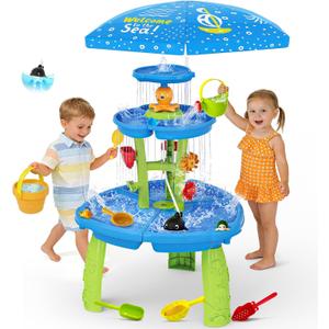 2026 Upgraded Water Table for Toddlers 3-5, 3-Tier Water and Sand Activity Sensory Playset with Water Pump & Umbrella, Summer Outdoor Kids Water Sensory Table, Rain Shower Splash Pond for Water Play