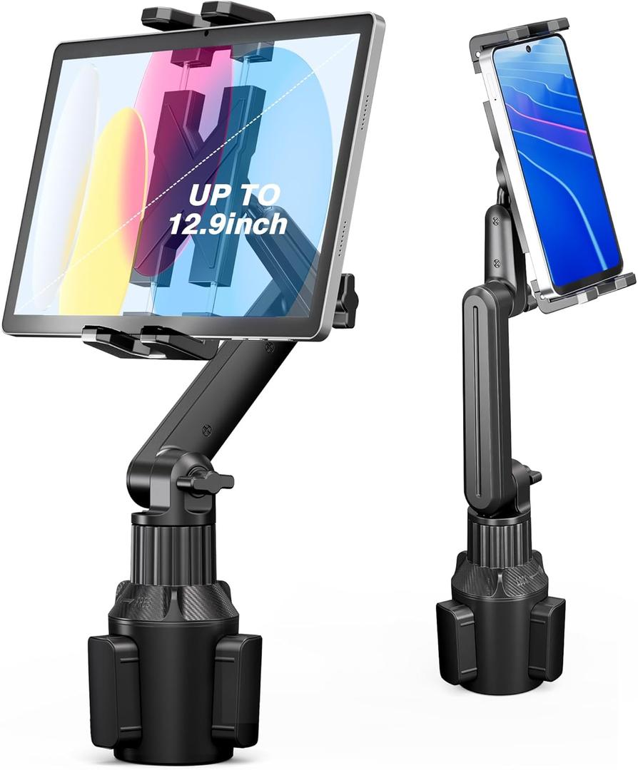 Cup Holder Car Tablet Mount, Ipad Cup Holder Car Mount with 15" Adjustable Arm Stand for Tablet iPhone 4.7-13in, iPad Pro Air Mini, Fire, iPhone 16 15, Galaxy S25 S24 Z Fold 6 5