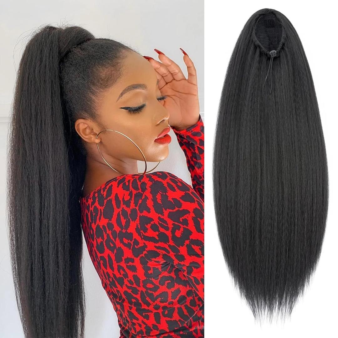 Ponytail Extension Drawstring Ponytail for Black Women, Afro Yaki Straight Ponytails Synthetic Hair Extensions, Human Hair Feeling Pony Tails Hairpiece for Daily Use (Yaki Straight #1B Black, 28 Inch)