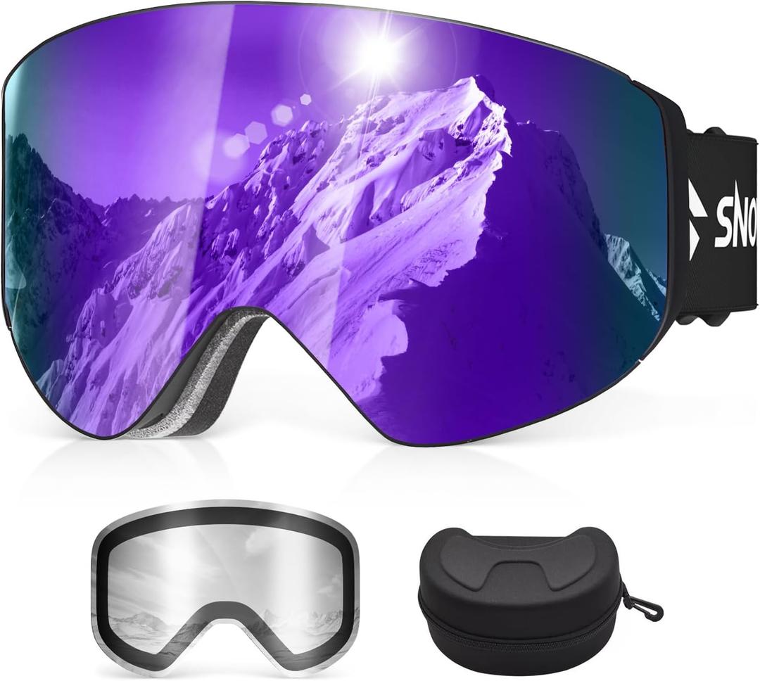 Snowalva Ski Goggles, Snowboard Goggles with 2 UV400 Anti-Fog Detachable Magnet Lenses for Men & Women Adult (Ver.2 Purple(vlt 16.54%) + Clear (Vlt 83.5%))