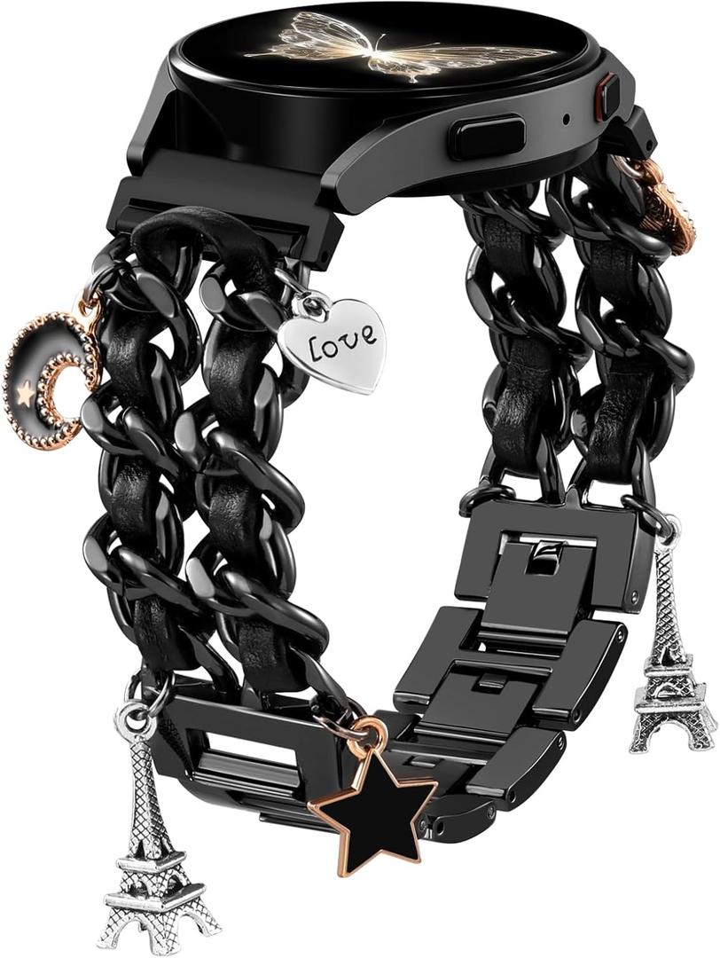 Stylish Metal Band Compatible with Samsung Galaxy Watch 7 Band/FE 6 5 4 40mm 44mm,Galaxy Active 2, 20mm Watch Strap Pretty Chain with Cute Decorative Charms Accessories for Samsung Watch Bands Women
