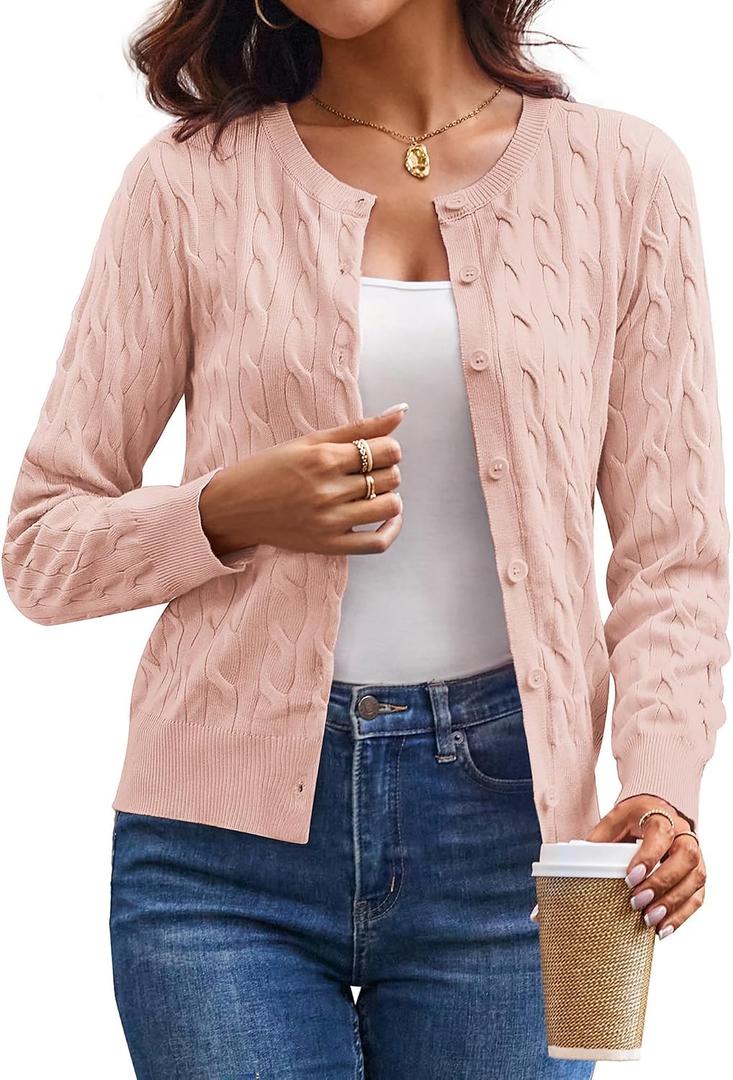 GRACE KARIN Womens Long Sleeve Button Up Cable Knit Cardigan Lightweight 2026 Crewneck Button Down Sweaters for Women (Pink, XXL)