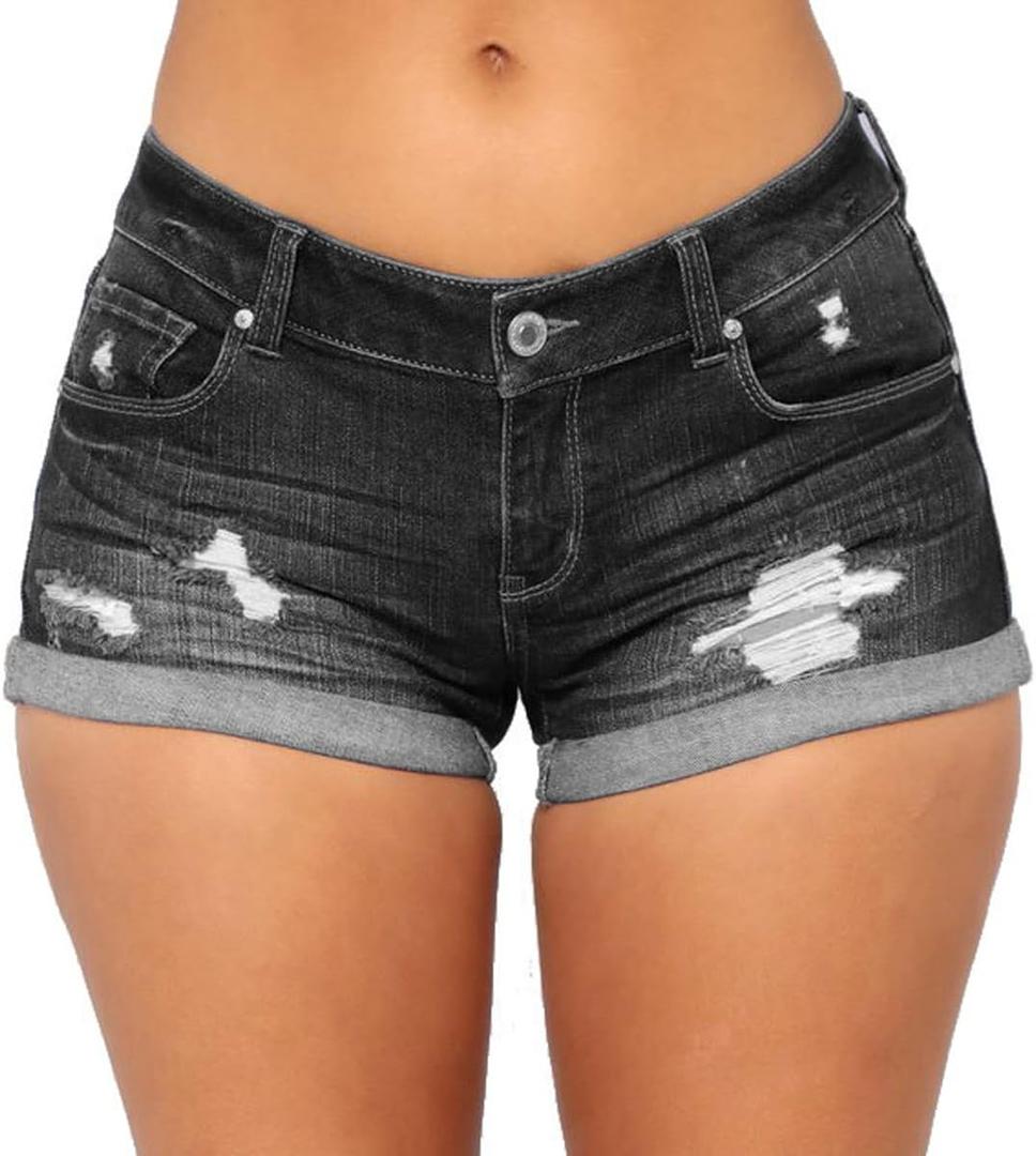 vanberfia Women's Stretchy Denim Mid Rise Jean Shorts with Pockets (Large)