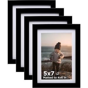 KINLINK 5x7 Picture Frame Black Set of 4, Wooden Photo Frames Matted 4x6 with Plexiglass for 4x6 with Mat or 5x7 without Mat for Table and Wall Display