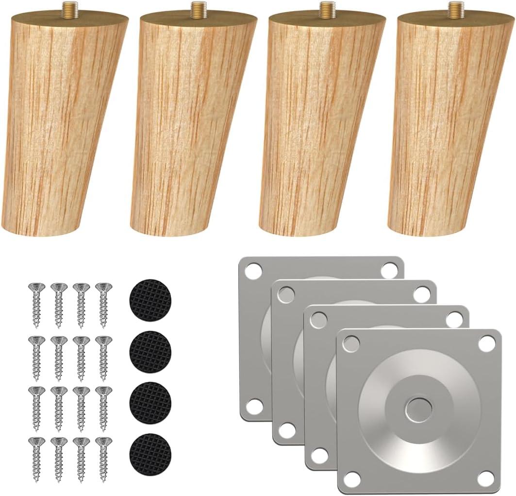 Wood Furniture Legs, 4 inch Solid Wood Sofa Legs Pack of 4 Round Couch Legs Replacement Legs for Sofa Dresser Coffee Table Cabinet Bed Home DIY (4"/10cm Slant) (4"x2.3")
