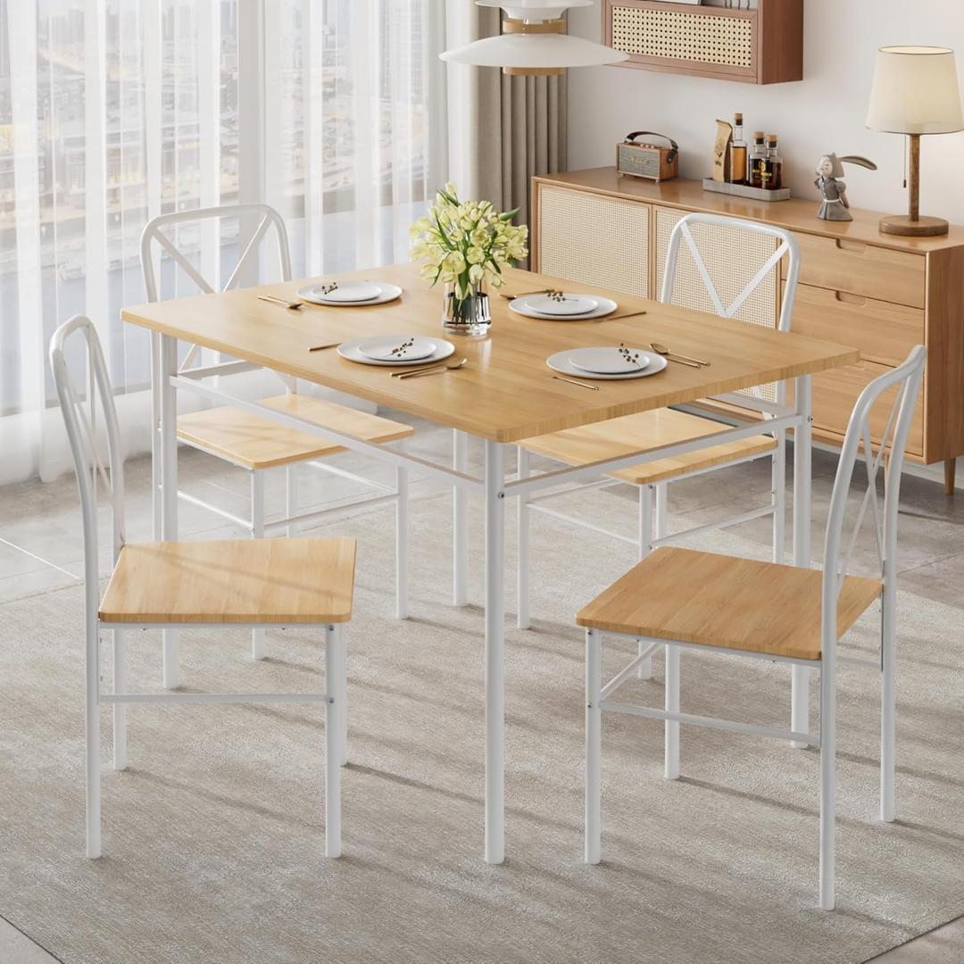 VECELO 5-Piece Kitchen Dining Table Set, Wood Tabletop & Heavy-Duty Metel Frame, Rectangle Dinette with 4 Chairs for Small Space, Breakfast Nook, Natural and White